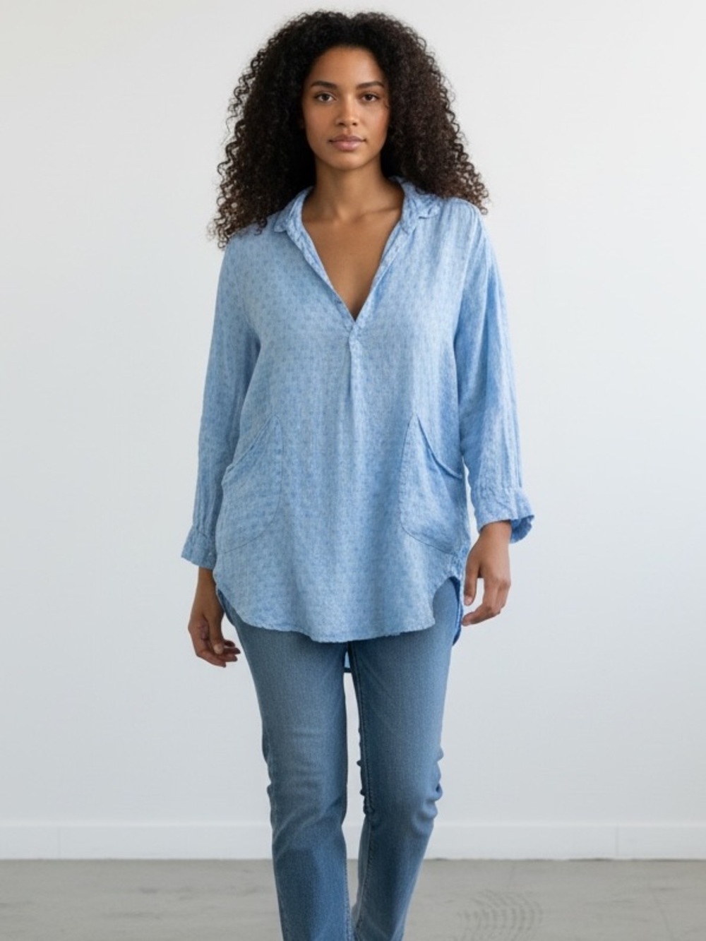 CP Shades Sky Blue Teton Linen Tunic Oversized Coastal Nautical Lagenlook Small